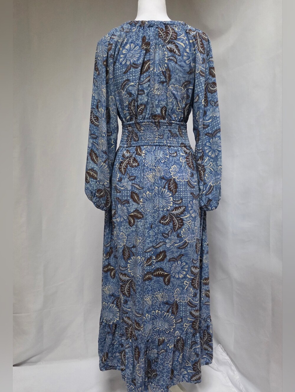 Japna Women's Blue Floral Smocked Waist Long Sleeve Maxi Dress Size S - Picture 3 of 7
